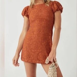 Free People Hailee Lace Mini Dress Brun Puff Sleeve Lined Sz M NWT $168